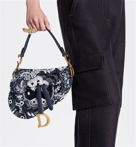 Saddle Bag with Strap Denim Blue Multicolor Denim with Butterfly 